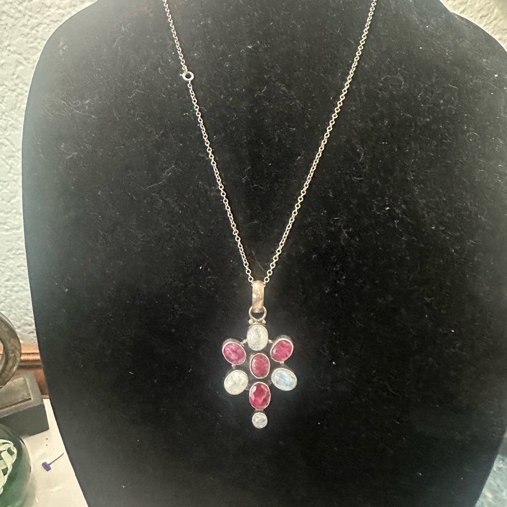 Moonstone , Kashmir Ruby Sterling Silver Pendant & 24” Chain